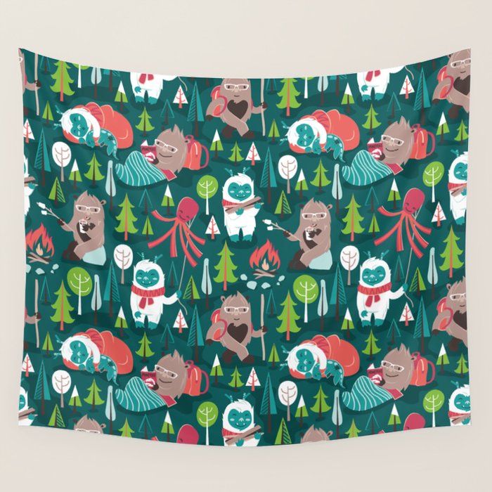Besties // green background white Yeti brown Bigfoot aqua yellow green and teal pine trees red and coral details Wall Tapestry Gallery Image 4