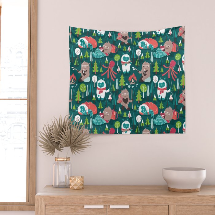Besties // green background white Yeti brown Bigfoot aqua yellow green and teal pine trees red and coral details Wall Tapestry Gallery Image 2