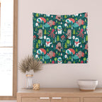 Besties // green background white Yeti brown Bigfoot aqua yellow green and teal pine trees red and coral details Wall Tapestry Gallery Image 2