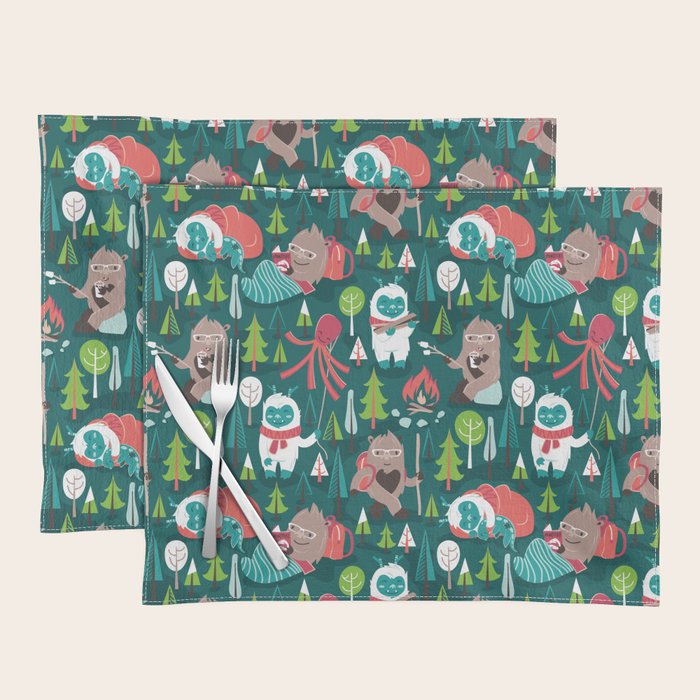 Besties // green background white Yeti brown Bigfoot aqua yellow green and teal pine trees red and coral details Placemat Gallery Image 1