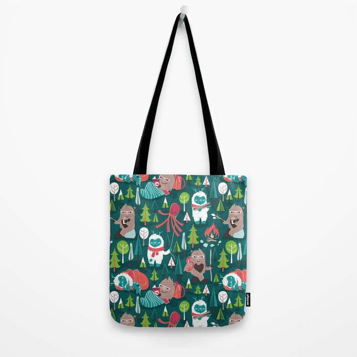 Besties // green background white Yeti brown Bigfoot aqua yellow green and teal pine trees red and coral details Tote Bag Gallery Image 2