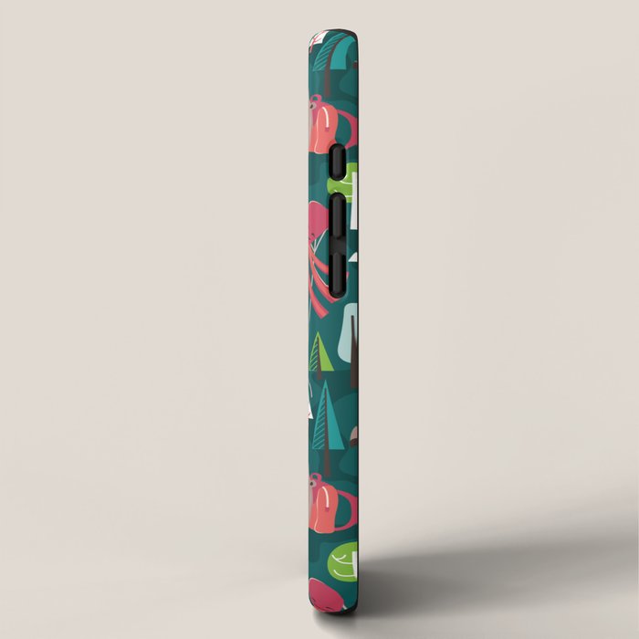 Besties // green background white Yeti brown Bigfoot aqua yellow green and teal pine trees red and coral details iPhone Case Gallery Image 2