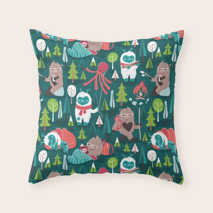 Besties // green background white Yeti brown Bigfoot aqua yellow green and teal pine trees red and coral details Throw Pillow Gallery Image 6
