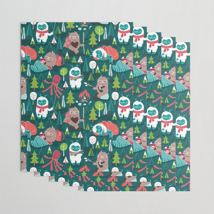 Besties // green background white Yeti brown Bigfoot aqua yellow green and teal pine trees red and coral details Wrapping Paper Gallery Image 3