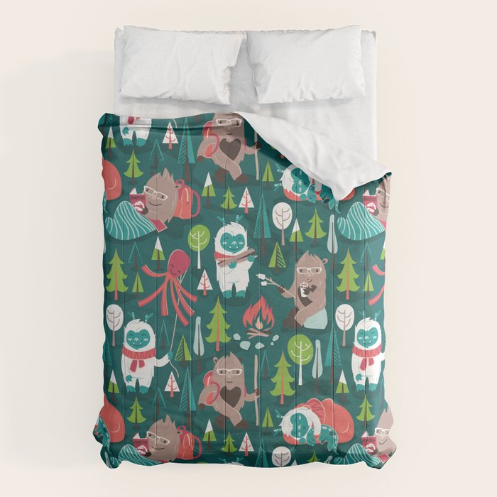 Besties // green background white Yeti brown Bigfoot aqua yellow green and teal pine trees red and coral details Comforter Gallery Image 6