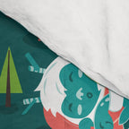 Besties // green background white Yeti brown Bigfoot aqua yellow green and teal pine trees red and coral details Comforter Gallery Image 4