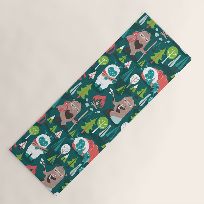 Besties // green background white Yeti brown Bigfoot aqua yellow green and teal pine trees red and coral details Yoga Mat Gallery Image 1