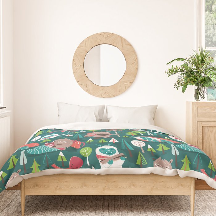 Besties // green background white Yeti brown Bigfoot aqua yellow green and teal pine trees red and coral details Duvet Cover Gallery Image 3