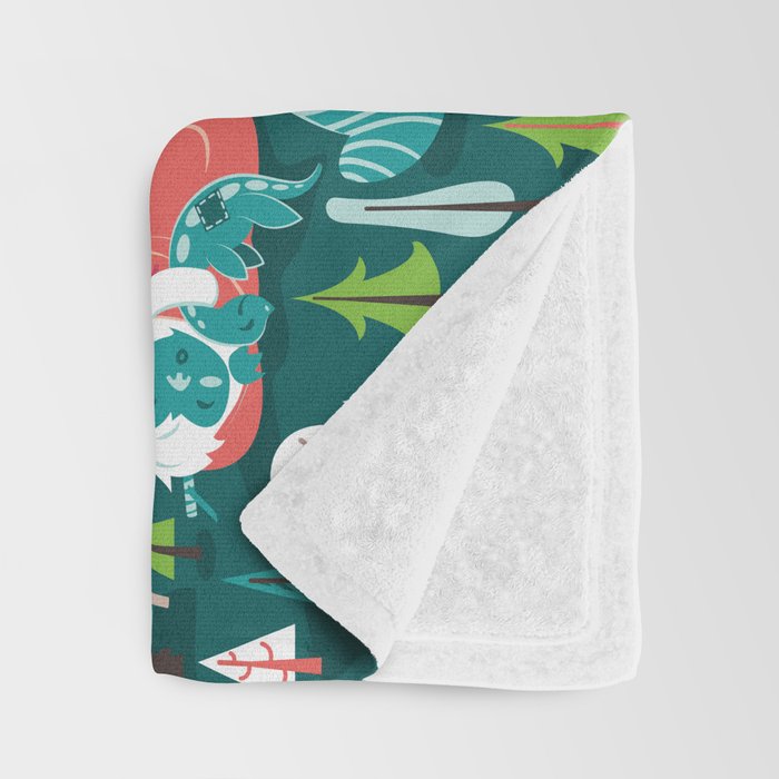 Besties // green background white Yeti brown Bigfoot aqua yellow green and teal pine trees red and coral details Throw Blanket Gallery Image 3