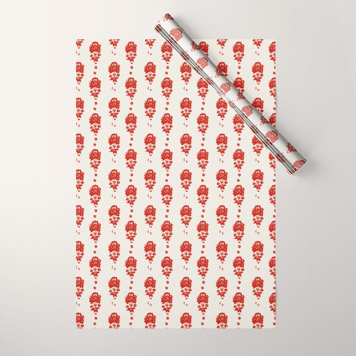 Red Floral Block Print Wrapping Paper Gallery Image 1