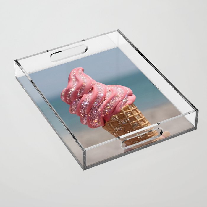 Shiny Pink Ice Cream - Glitter| pastel | pink | art print | beach | | ice cream | summer | ocean  Acrylic Tray Gallery Image 1