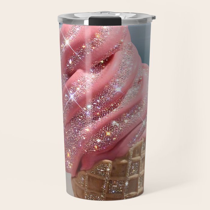 Shiny Pink Ice Cream - Glitter| pastel | pink | art print | beach | | ice cream | summer | ocean  Travel Mug Gallery Image 1