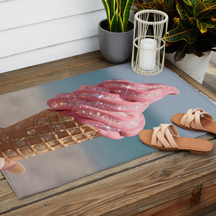 Shiny Pink Ice Cream - Glitter| pastel | pink | art print | beach | | ice cream | summer | ocean  Outdoor Rug Gallery Image 2