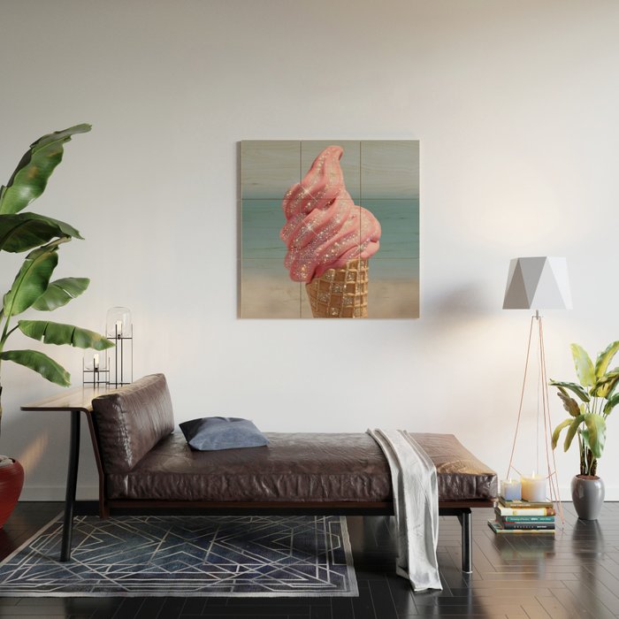 Shiny Pink Ice Cream - Glitter| pastel | pink | art print | beach | | ice cream | summer | ocean  Wood Wall Art Gallery Image 2