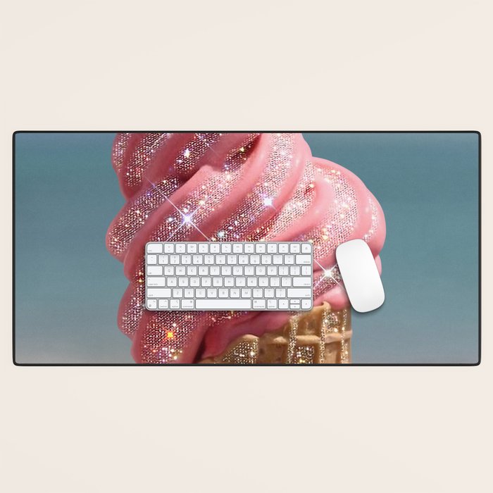 Shiny Pink Ice Cream - Glitter| pastel | pink | art print | beach | | ice cream | summer | ocean  Desk Mat Gallery Image 1