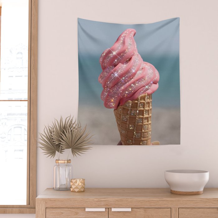 Shiny Pink Ice Cream - Glitter| pastel | pink | art print | beach | | ice cream | summer | ocean  Wall Tapestry Gallery Image 2