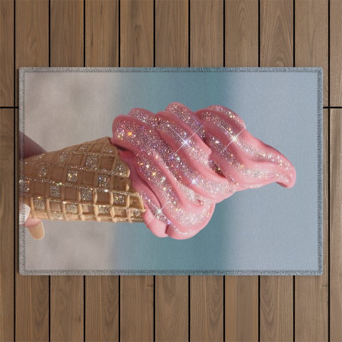 Shiny Pink Ice Cream - Glitter| pastel | pink | art print | beach | | ice cream | summer | ocean  Outdoor Rug Gallery Image 1