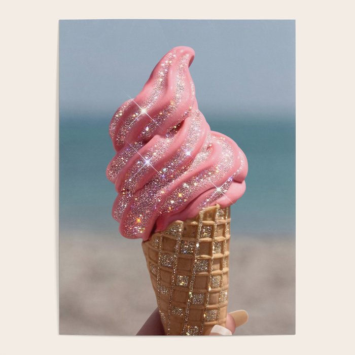 Shiny Pink Ice Cream - Glitter| pastel | pink | art print | beach | | ice cream | summer | ocean  Poster Gallery Image 1