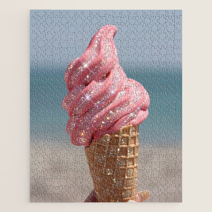 Shiny Pink Ice Cream - Glitter| pastel | pink | art print | beach | | ice cream | summer | ocean  Jigsaw Puzzle Gallery Image 1