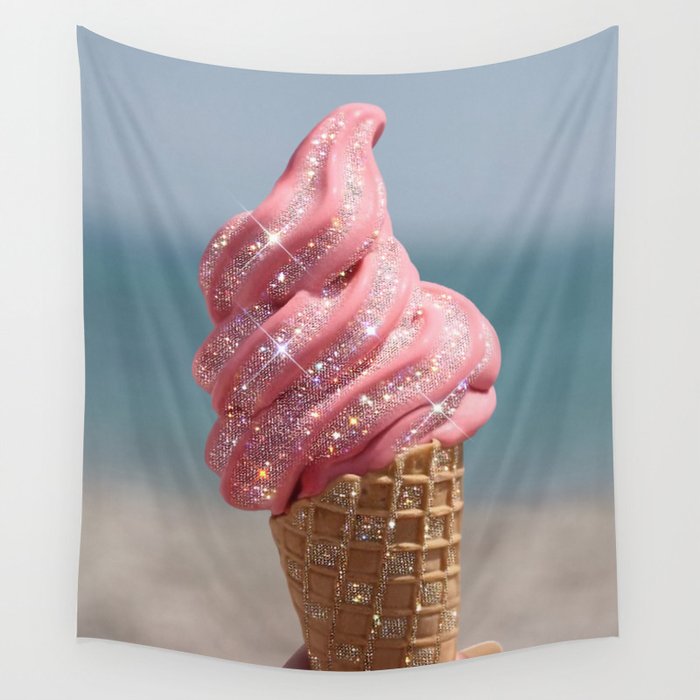 Shiny Pink Ice Cream - Glitter| pastel | pink | art print | beach | | ice cream | summer | ocean  Wall Tapestry Gallery Image 1