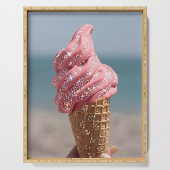 Shiny Pink Ice Cream - Glitter| pastel | pink | art print | beach | | ice cream | summer | ocean  Serving Tray Gallery Image 1