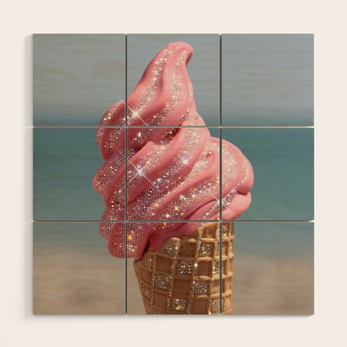 Shiny Pink Ice Cream - Glitter| pastel | pink | art print | beach | | ice cream | summer | ocean  Wood Wall Art Gallery Image 1