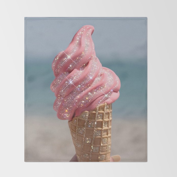 Shiny Pink Ice Cream - Glitter| pastel | pink | art print | beach | | ice cream | summer | ocean  Throw Blanket Gallery Image 2