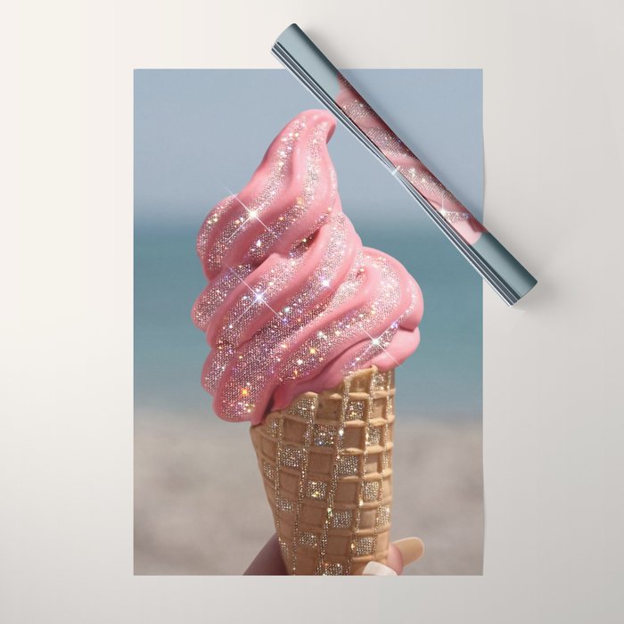 Shiny Pink Ice Cream - Glitter| pastel | pink | art print | beach | | ice cream | summer | ocean  Wrapping Paper Gallery Image 1