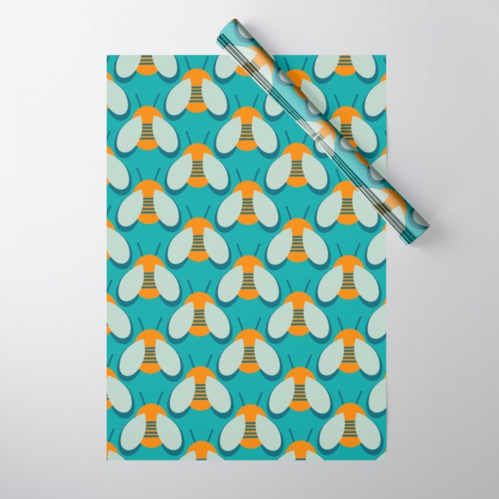 Lucky Bee - Cute Retro Minimalism in Orange and Turquoise Wrapping Paper Gallery Image 1