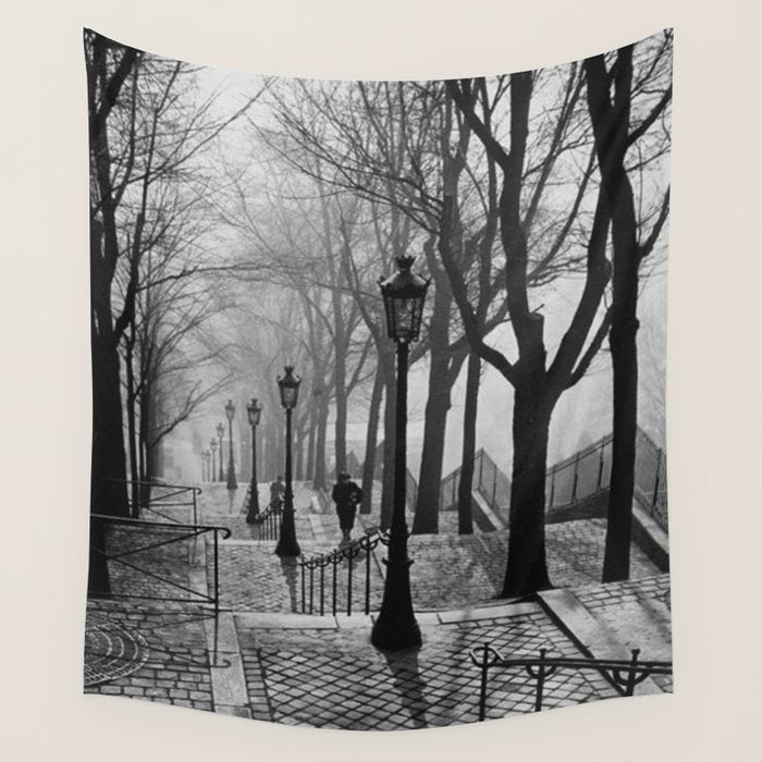 Sacre Coeur, Montmartre, Paris, France Stairs black and white photograph / black and white photography Wall Tapestry Gallery Image 4