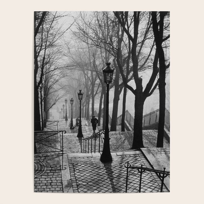 Sacre Coeur, Montmartre, Paris, France Stairs black and white photograph / black and white photography Poster Gallery Image 1