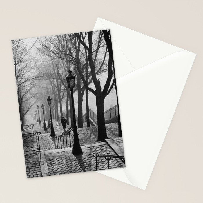 Sacre Coeur, Montmartre, Paris, France Stairs black and white photograph / black and white photography Stationery Card Gallery Image 2