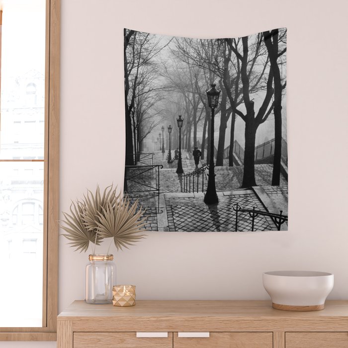 Sacre Coeur, Montmartre, Paris, France Stairs black and white photograph / black and white photography Wall Tapestry Gallery Image 2