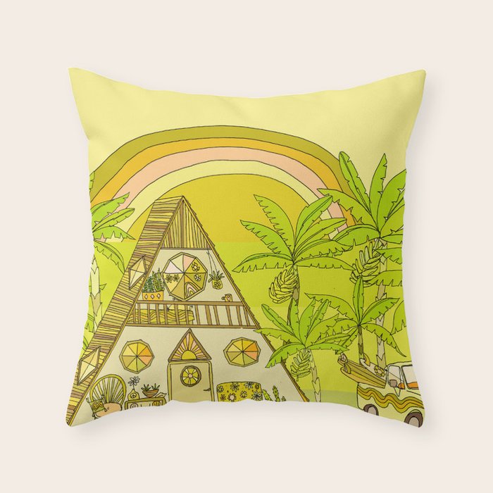 a frame simple living // banana pancakes // retro surf art by surfy birdy Throw Pillow Gallery Image 6