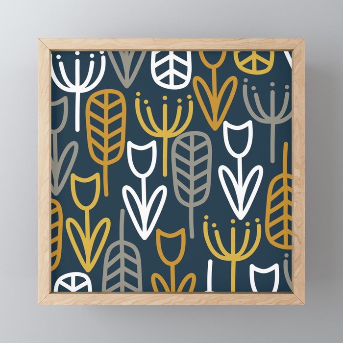 Cheerful Garden Minimalist Pattern in Light Mustard, Dark Mustard, White, Gray, and Navy Blue Mini Art Print Gallery Image 1
