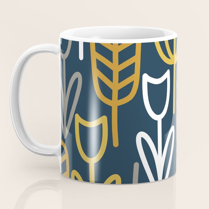 Cheerful Garden Minimalist Pattern in Light Mustard, Dark Mustard, White, Gray, and Navy Blue Coffee Mug Gallery Image 3