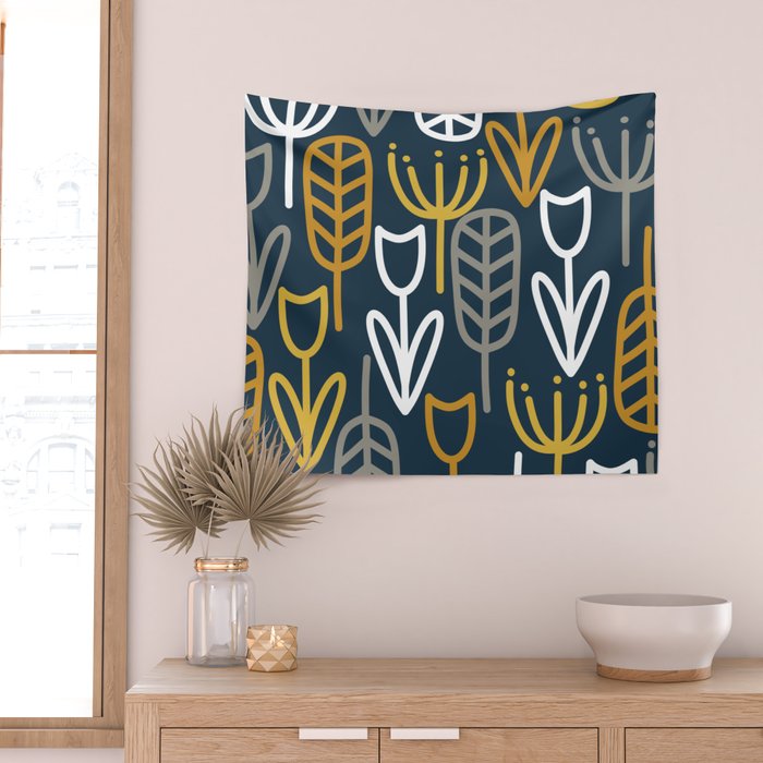 Cheerful Garden Minimalist Pattern in Light Mustard, Dark Mustard, White, Gray, and Navy Blue Wall Tapestry Gallery Image 2