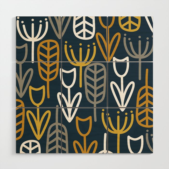 Cheerful Garden Minimalist Pattern in Light Mustard, Dark Mustard, White, Gray, and Navy Blue Wood Wall Art Gallery Image 1