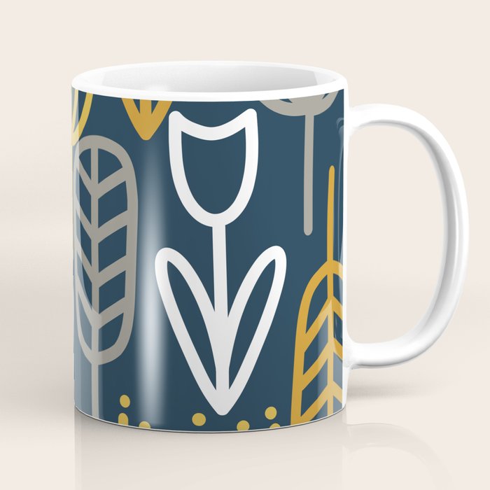Cheerful Garden Minimalist Pattern in Light Mustard, Dark Mustard, White, Gray, and Navy Blue Coffee Mug Gallery Image 1