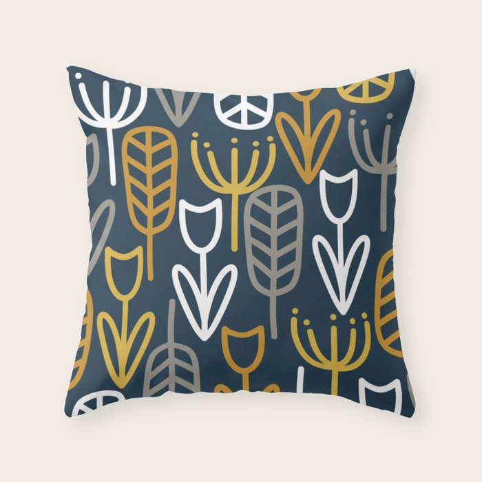 Cheerful Garden Minimalist Pattern in Light Mustard, Dark Mustard, White, Gray, and Navy Blue Throw Pillow Gallery Image 6
