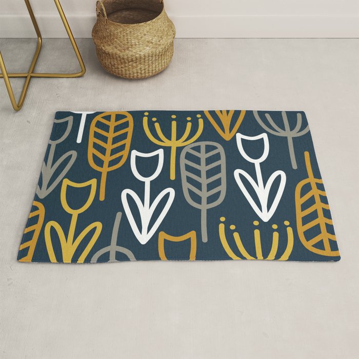 Cheerful Garden Minimalist Pattern in Light Mustard, Dark Mustard, White, Gray, and Navy Blue Rug Gallery Image 1
