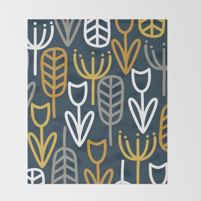 Cheerful Garden Minimalist Pattern in Light Mustard, Dark Mustard, White, Gray, and Navy Blue Throw Blanket Gallery Image 2
