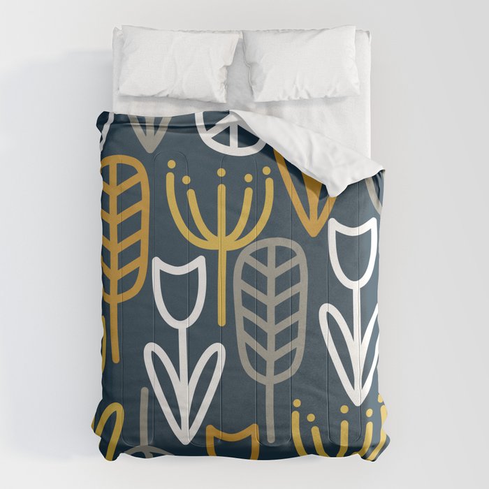Cheerful Garden Minimalist Pattern in Light Mustard, Dark Mustard, White, Gray, and Navy Blue Comforter Gallery Image 1