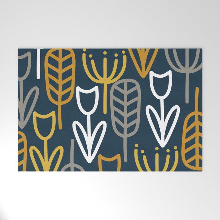 Cheerful Garden Minimalist Pattern in Light Mustard, Dark Mustard, White, Gray, and Navy Blue Welcome Mat Gallery Image 1