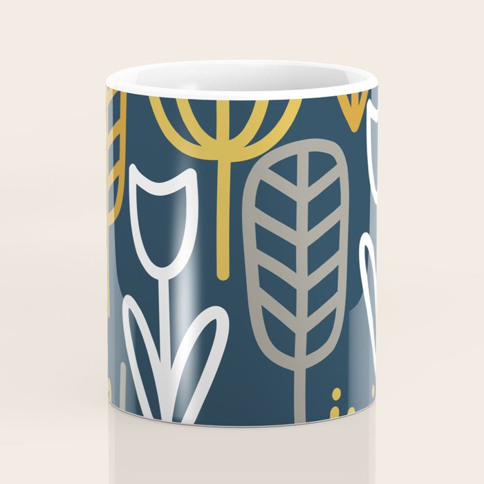 Cheerful Garden Minimalist Pattern in Light Mustard, Dark Mustard, White, Gray, and Navy Blue Coffee Mug Gallery Image 4