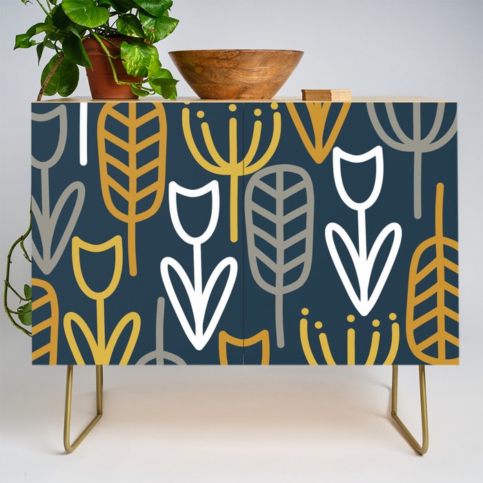 Cheerful Garden Minimalist Pattern in Light Mustard, Dark Mustard, White, Gray, and Navy Blue Credenza Gallery Image 1