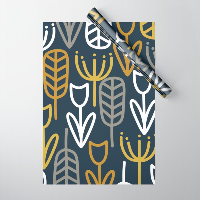Cheerful Garden Minimalist Pattern in Light Mustard, Dark Mustard, White, Gray, and Navy Blue Wrapping Paper Gallery Image 1