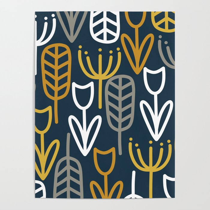 Cheerful Garden Minimalist Pattern in Light Mustard, Dark Mustard, White, Gray, and Navy Blue Poster Gallery Image 1