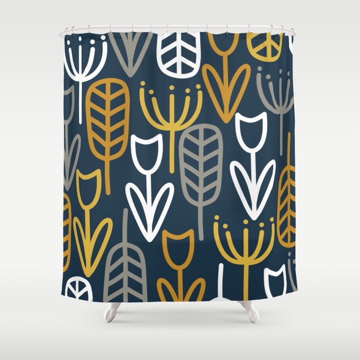 Cheerful Garden Minimalist Pattern in Light Mustard, Dark Mustard, White, Gray, and Navy Blue Shower Curtain Gallery Image 1