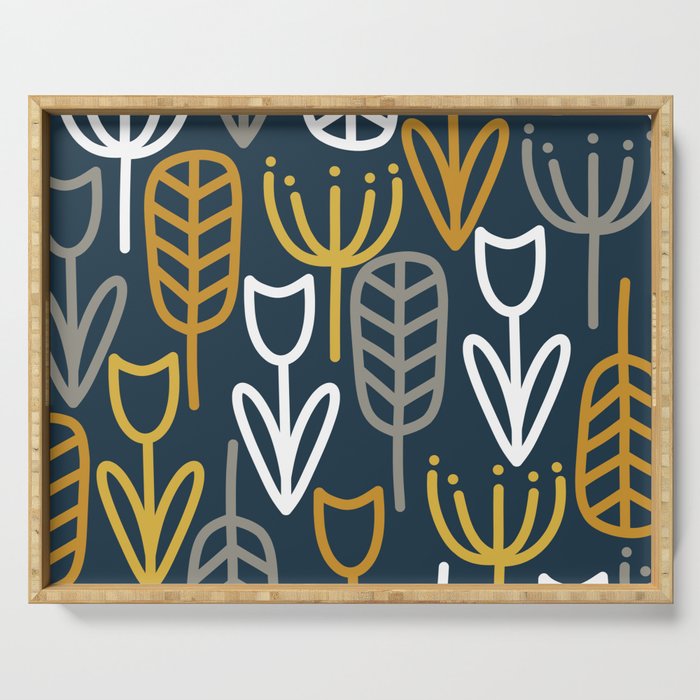 Cheerful Garden Minimalist Pattern in Light Mustard, Dark Mustard, White, Gray, and Navy Blue Serving Tray Gallery Image 1